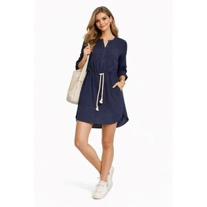 J Crew Ladies Navy Long Sleeve Shirt Dress Drawstring Waist  Med Casual Costal‎